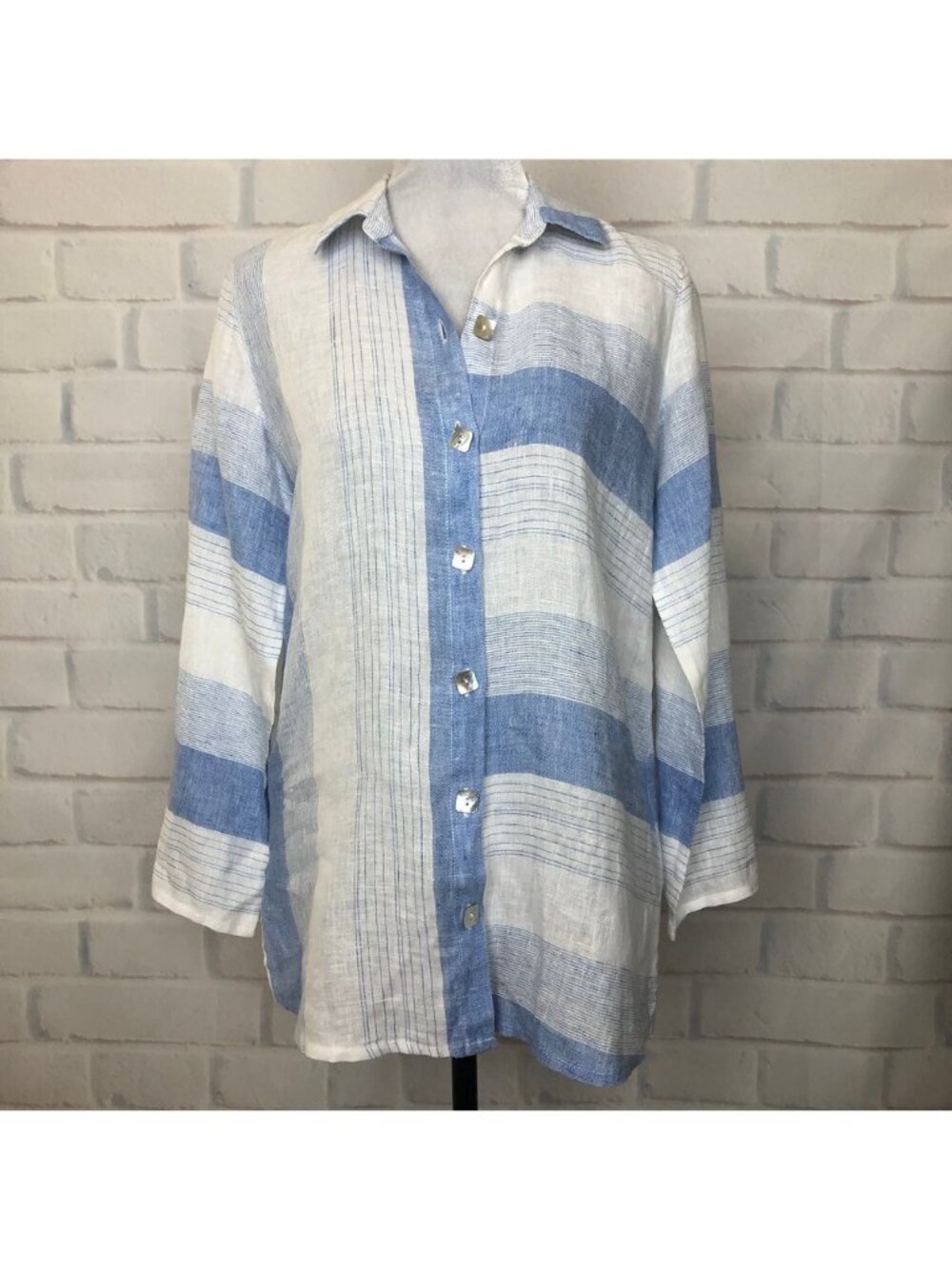 Habitat Blue White Linen Plaid Buttondown Blouse Size XS